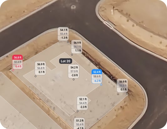 Nine spot elevations on a pad with design elevation and the difference at each point