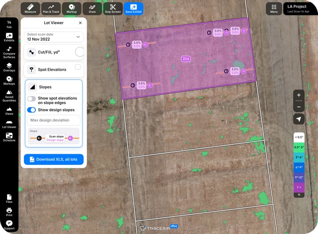 Lot Viewer: per-lot slope, cut and fill, and spot elevations