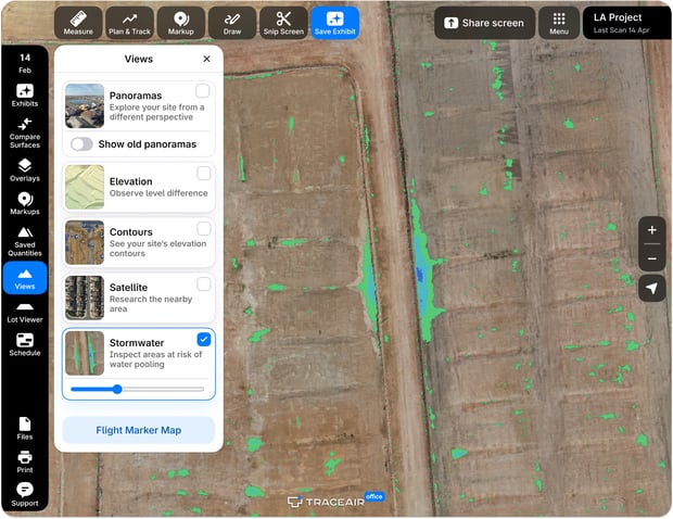 TraceAir Stormwater view: depth heat map of a graded site