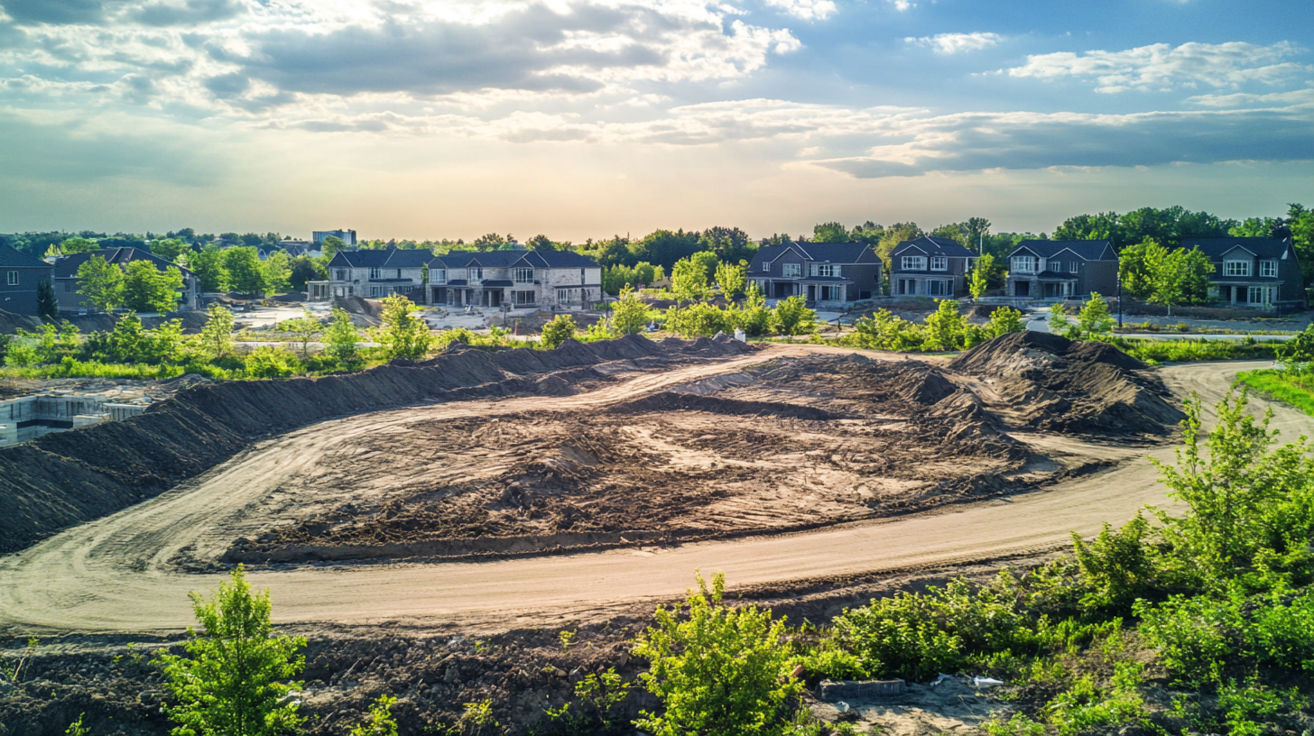 Active residential construction site during earthworks and site clearing with graded land and nearby completed homes.