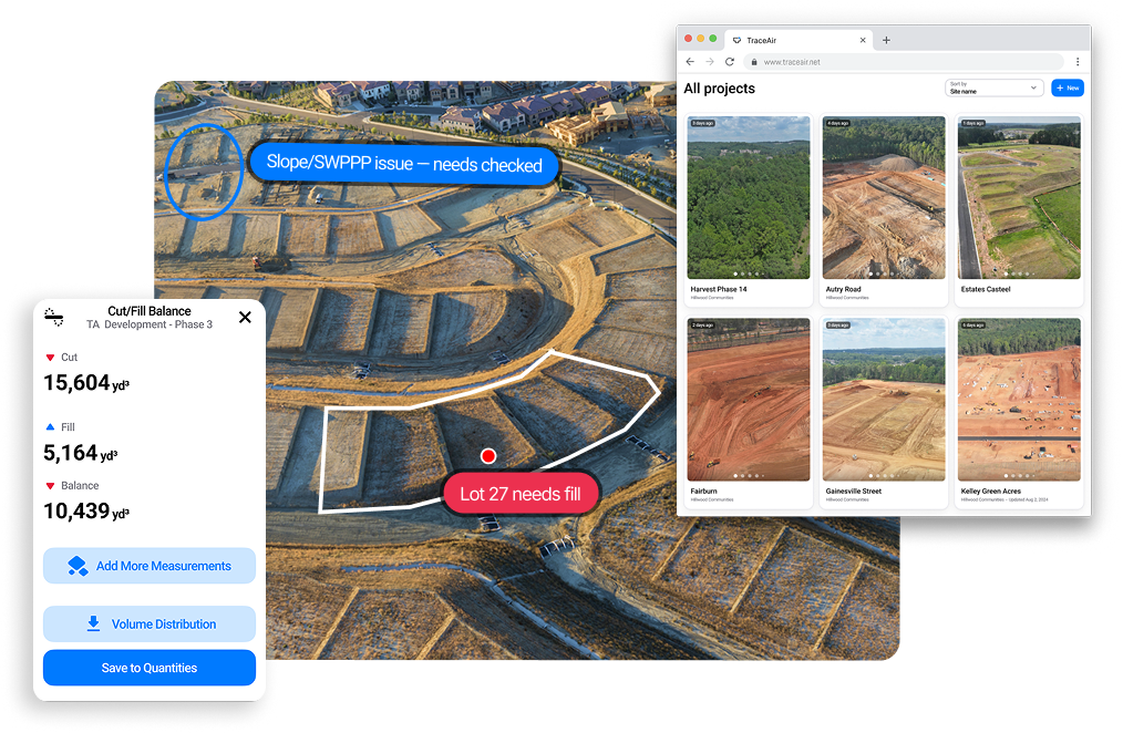 A collage of TraceAir product features depicting the powerful jobsite intelligence tools in TreaceAir, like a dashboard view of all projects, cut/fill balance tools for earthwork, and aerial insights. 