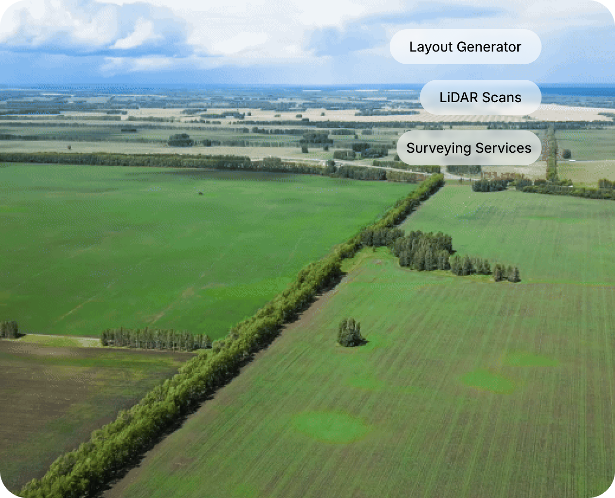 Aerial view of a land parcel with Layout Generator, LiDAR Scans and Surveying Services tags