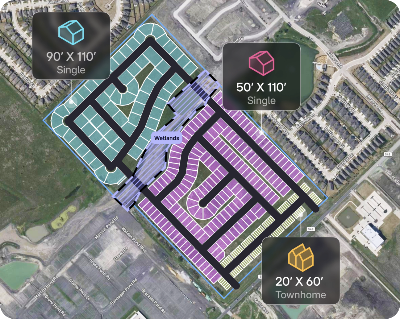 Layout Generator lot yield overlay on drone aerial imagery