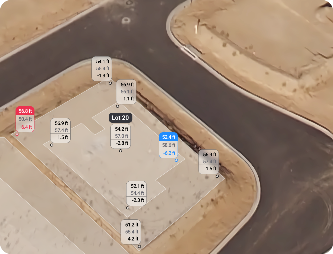 TraceAir survey deliverable with elevation callouts across a graded site